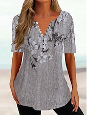 baratos Camiseta floral-Mulheres Camiseta Camisa Henley Floral Tunicas Básico Manga Curta Decote Redondo Tops regulares Feriado Final de semana Botões Imprimir Branco Amarelo Verde Claro Azul Verde