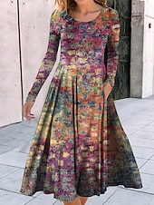 preiswerte Boho Kleid-Damen Midi Kleid A-Linie Kleid Lässiges Kleid Winterkleid Swing Kleid Mode Streetwear Reif Formell Outdoor Urlaub Reguläre Passform Geometrisch Farbblock Tribal Lange Ärmel Rundhalsausschnitt Schwarz