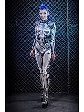 baratos Trajes Femininos-Esqueleto Caveira Robô Steampunk Fantasia de Carnaval Terno Corpo Inteiro Traje Cosplay Fatos de Corpo Macacão Corpo Inteiro Adulto Mulheres Uma Peça Traje Assustador Festa dia das Bruxas Baile de