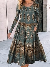 preiswerte Boho Kleid-Damen Midi Kleid A-Linie Kleid Lässiges Kleid Winterkleid Swing Kleid Mode Streetwear Reif Formell Outdoor Urlaub Reguläre Passform Geometrisch Farbblock Tribal Lange Ärmel Rundhalsausschnitt Schwarz