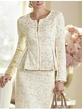 economico Con giacca-Abito a due pezzi madri della sposa abito ospite di matrimonio elegante festa scollo a barca lunghezza al ginocchio pizzo maniche lunghe giacca inclusa con abito da corsa a tinta unita taglia su