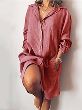 cheap Essential Faux Dresses-Women's Faux Cotton Linen Shirt Dress Basic Casual Daily Regular Fit Plain Long Sleeve Shirt Collar Blue Black Yellow Red Spring &amp;  Fall