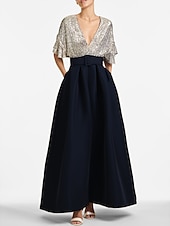 abordables GRIS-Robe de soirée A-Line élégante Robe invitée formelle Mariage longueur cheville Manches mi-longues Décolleté en V Invité de mariage d&#039;automne Sequins avec sequins à bretelles 2025