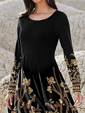 levne Boho šaty-Mid šaty pro ženy áčkový střih casual šaty zimní šaty šaty na roztočení módní streetwear zralé formální venkovní dovolená pravidelně se hodící květinové dlouhý rukáv kulatý výstřih černé jaro podzim