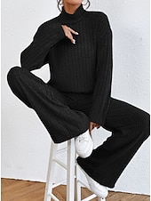 abordables Survêtements pour femmes-Femme Chaud Néon et lumineux Chemise Ensembles de pantalons Pantalon manche longue Col Roulé Couleur unie Casual Quotidien Noir Vert Véronèse Bleu Automne hiver Standard