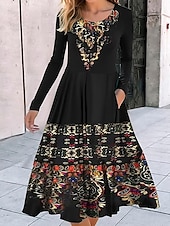 preiswerte Boho Kleid-Damen Midi Kleid A-Linie Kleid Lässiges Kleid Winterkleid Swing Kleid Mode Streetwear Reif Formell Outdoor Urlaub Reguläre Passform Geometrisch Farbblock Tribal Lange Ärmel Rundhalsausschnitt Schwarz