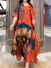 tanie Zestawy sukienkowe-Damskie Zestaw sukienek Codzienne sukienki Sukienka rozkloszowana Sukienka z nadrukiem Moda Codzienny Kwiaty Nadruk Nadruk Sukienka midi Rękaw 1/2 Półgolf Urlop Codzienny Czerwony Niebieski