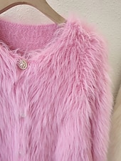 cheap Cardigans &amp; Outerwears-Women&#039;s Cardigan Sweater Cardigan Stylish Casual Soft Solid Color Ribbed Crew Neck Faux Fur Trim Long Sleeve Regular Tops Knit Daily Going out Weekend Black White Fall Winter
