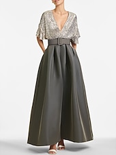 abordables GRIS-Robe de soirée A-Line élégante Robe invitée formelle Mariage longueur cheville Manches mi-longues Décolleté en V Invité de mariage d&#039;automne Sequins avec sequins à bretelles 2025