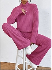 abordables Survêtements pour femmes-Femme Chaud Néon et lumineux Chemise Ensembles de pantalons Pantalon manche longue Col Roulé Couleur unie Casual Quotidien Noir Vert Véronèse Bleu Automne hiver Standard