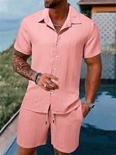 economico Set di camicie basic da uomo-Per uomo Due pezzi Camicia Estiva Set abbinati Abbigliamento da spiaggia Camicia casual Camicia con Bottoni Nero Bianco Rosa Rosso Blu marino scuro Manica Corta Semplice Strisce / increspature Bavero