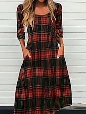 abordables Robe Rayée et Géométrique-Robe Midi Femme Robe Décontractée Robe d&#039;hiver Robe Fourreau Mode Modeste Formelle Plein Air Maison Coupe Laisse Carreaux Manches Longues Col Ronde Noir Rouge Vin Automne Hiver