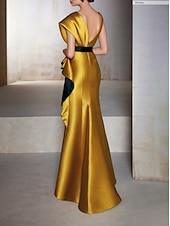 abordables JAUNE-Robe de soirée fourreau élégante robe formelle invitée à un mariage longueur sol manches courtes décolleté en V en satin avec volants broderies et appliqués 2025