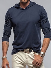 お買い得  ベーシックTシャツ-男性用 Tシャツ ティートップ 長袖 フード付き 夏 平織り ファッション デザイナー ベーシック フード付き バケーション ストリート お出かけ ホワイト ダークブルー ダックグレー メンズトップTシャツ