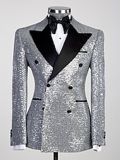preiswerte Blazer &amp; Jacke-Herren Blazer-Jacke Smoking Party Glanz Pailletten Einfarbig Schwarzes Gold Schwarz Silber Reguläre Passform Zweireihige Sechs-Knöpfe