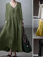 ieftine proiectează rochii din bumbac și in-Pentru femei Verde Militar Negru Alb Primăvară Toamnă Iarnă Rochie Maxi Rochii de in bumbac Rochie casual Rochie din Bumbac De Bază Clasic Casual În aer liber Vacanță Zilnic Potrivire Largă Simplu În