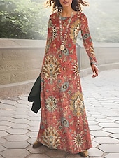 baratos Vestido Boho Étnico-Mulheres Vestido Longo Vestido Maxi Vestido casual Roupa de inverno Vestido estampado Vintage Étnico Tribal Diário Ao ar livre Rua Normal Floral Tribal Manga Longa Gola Redonda Preto Vermelho Azul