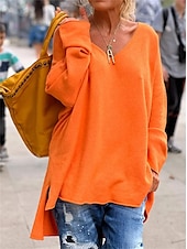 cheap Tunic Tops-Women&#039;s Tunic Oversized Sweatshirt Pullover Sports Basic Neon &amp; Bright Plain Street Casual V Neck Loose Fit Long Sleeve Black Pink Orange Gray Fall &amp; Winter