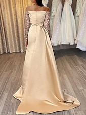 abordables Champagne-Robe de Soirée Sirène Robe Sequins Invité de Mariage Traîne Longue Manches Longues Épaules Dénudées Automne Réception de Mariage Satin avec Fente Ruchée Robe de Mascarade 2025