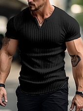 cheap Ribbed Knit Tee-Men&#039;s T Shirt Ribbed Knit tee Tee Top Short Sleeves V Neck Summer Plain Pit Strip Fashion Designer Basic Vacation Street Going out Black White Khaki Top Tee for Men