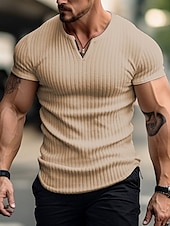 cheap Ribbed Knit Tee-Men&#039;s T Shirt Ribbed Knit tee Tee Top Short Sleeves V Neck Summer Plain Pit Strip Fashion Designer Basic Vacation Street Going out Black White Khaki Top Tee for Men