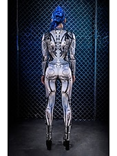 baratos Trajes Femininos-Esqueleto Caveira Robô Steampunk Fantasia de Carnaval Terno Corpo Inteiro Traje Cosplay Fatos de Corpo Macacão Corpo Inteiro Adulto Mulheres Uma Peça Traje Assustador Festa dia das Bruxas Baile de