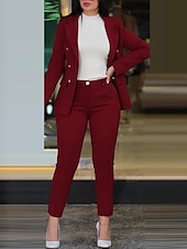 cheap Two Piece Sets-Women&#039;s Daily Business Blazer Office Suit Pants Sets Dress Pants Pants Trousers Long Sleeve Plain Work Daily Black Burgundy Royal Blue Fall &amp; Winter Regular Fit