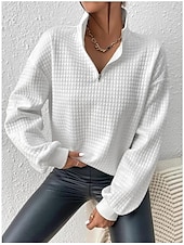 abordables Sweat à capuche de sport-sweat-shirt zippé pour femme sweat-shirt pull sport basique texturé couleur unie rue décontracté col en V demi-zip quart de zip manches longues blanc automne&amp;amp; hiver