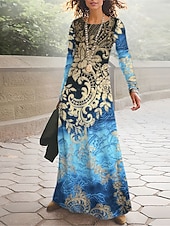 baratos Vestido Boho Étnico-Mulheres Vestido Longo Vestido Maxi Vestido casual Roupa de inverno Vestido estampado Vintage Étnico Tribal Diário Ao ar livre Rua Normal Floral Tribal Manga Longa Gola Redonda Preto Vermelho Azul
