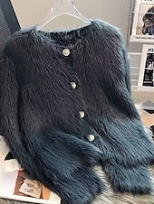 cheap Cardigans &amp; Outerwears-Women&#039;s Cardigan Sweater Cardigan Stylish Casual Soft Solid Color Ribbed Crew Neck Faux Fur Trim Long Sleeve Regular Tops Knit Daily Going out Weekend Black White Fall Winter