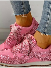 cheap Women's Sneakers-Women's Silver Glitter Sneakers with Rhinestone Embellishments, Lace-Up Low-Top Mesh Fashion Sneakers, Flat Sole Shoes for Fashion-Forward Women, Party, Casual Streetwear &amp; Evening Events