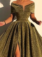 economico GIALLO-Abito da sera A-Line abito scintillante abito formale autunno strascico senza maniche off shoulder paillettes con spacco abito da mascherata 2025