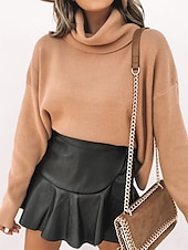 お買い得  無地スカート-女性用 ファッション セクシー ミニ ハイウエスト スカート ソリッド ラッフル 日常 ストリート ブラック ブラウン 夏 合皮 レザー