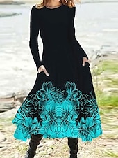 preiswerte Blumenkleid-Frauen Midikleid A-Linien Kleid Lässiges Kleid Winterkleid Swing Kleid Mode Streetwear Reif Formal Outdoor Urlaub Regulär Passform Blumen Lange Ärmel Rundhalsausschnitt Schwarz Marineblau Königsblau