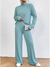 abordables Survêtements pour femmes-Femme Chaud Néon et lumineux Chemise Ensembles de pantalons Pantalon manche longue Col Roulé Couleur unie Casual Quotidien Noir Vert Véronèse Bleu Automne hiver Standard