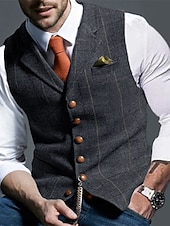  gilet da uomo in tweed, gilet, moda vintage, primavera e autunno, bottoni, misto lana, comodo, semplice, monopetto, scollo a V, vestibilità regolare, verde scuro, blu navy, grigio scuro, grigio chiaro.