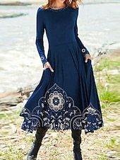 preiswerte Blumenkleid-Frauen Midikleid A-Linien Kleid Lässiges Kleid Winterkleid Swing Kleid Mode Streetwear Reif Formal Outdoor Urlaub Regulär Passform Blumen Lange Ärmel Rundhalsausschnitt Schwarz Marineblau Königsblau