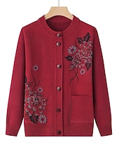 voordelige Vesten en bovenkleding-Dames Vest Trui Stijlvol Casual Zacht Bloemig Geribd Strakke ronde hals Knop Zak Lange mouw breien Buiten Feestdagen Uitgaan bordeaux Grasgroen Herfst Winter