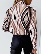 economico Top a Righe e Geometrici per Donne-Camicia da donna basic neon e bottoni geometrici stampa maniche lunghe top regolare colletto casual blu marrone verde primavera autunno