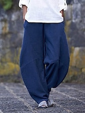 economico Pantaloni in lino e cotone semplici-Per donna Pantaloni in cotone e lino Chinos Pantaloni Semplice Casual Lunghezza intera Vita Alta Semplice Tasca Elastico in vita Baggy Comodità Traspirabilità Morbido Micro-elastico Vacanza