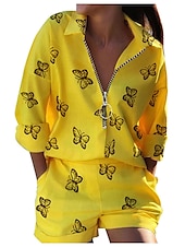 abordables Tops bohèmes-Femme Mode Bohème Chemise Ensembles de shorts Shorts bouffants manche longue Col de Chemise Graphic Papillon Zippé Imprimer Casual Quotidien Noir Blanche Jaune Printemps été Standard