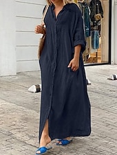 abordables concevoir des robes en coton et lin-Femmes Noir Blanche Jaune Automne Robe Maxi Robe maxi Robes inspirées du lin Robe Blanche Robe noire Mode Quotidien Classique Extérieur Vacances Quotidien Coupe Ample Uni Col montant