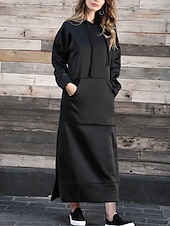 preiswerte Sweatshirt- und Hoodie-Kleider-Damen Casual kleid Sweatkleid kleid lang Täglich Basic Outdoor Urlaub Ausgehen V Ausschnitt Tasche Feste Farbe Regular Fit Schwarz Burgunderrot Blau S M L XL XXL