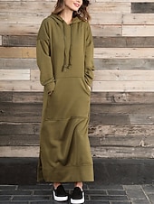 preiswerte Sweatshirt- und Hoodie-Kleider-Damen Casual kleid Sweatkleid kleid lang Täglich Basic Outdoor Urlaub Ausgehen V Ausschnitt Tasche Feste Farbe Regular Fit Schwarz Burgunderrot Blau S M L XL XXL