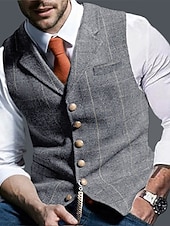  gilet da uomo in tweed, gilet, moda vintage, primavera e autunno, bottoni, misto lana, comodo, semplice, monopetto, scollo a V, vestibilità regolare, verde scuro, blu navy, grigio scuro, grigio chiaro.