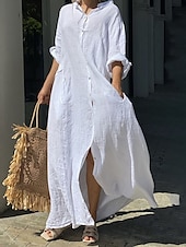 abordables concevoir des robes en coton et lin-Femmes Noir Blanche Jaune Automne Robe Maxi Robe maxi Robes inspirées du lin Robe Blanche Robe noire Mode Quotidien Classique Extérieur Vacances Quotidien Coupe Ample Uni Col montant