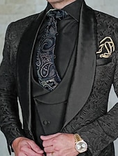 cheap Dinner Party-Men&#039;s Wedding Party Tuxedos Homecoming Black Burgundy Printing Standard Fit 3 Piece Single Breasted One-button