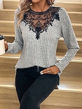 olcso Textúrált felsők-Női Ing Csipke ing Blúz Patchwork hálós felső Színes Elegáns Divat Alap Hosszú ujj Kerek Normál felsők Hétköznapi Csipke Kollázs Szürke Tavasz Ősz