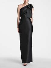 preiswerte SCHWARZ-Meerjungfrau Abendkleid Elegantes Kleid Formeller Hochzeitsgast Knöchellang Ärmellos Eine Schulter Satin mit Schleife(n) Schlitz Maskeradenkleid 2025