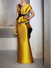 abordables JAUNE-Robe de soirée fourreau élégante robe formelle invitée à un mariage longueur sol manches courtes décolleté en V en satin avec volants broderies et appliqués 2025